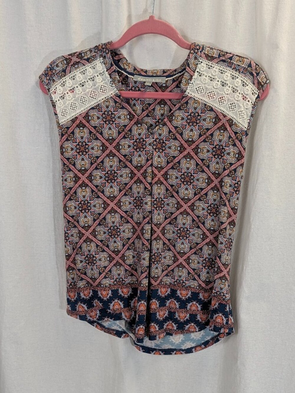Daniel Rainn Petite Small Sleeveless Tunic Style Top Mixed Media Navy/Rose
